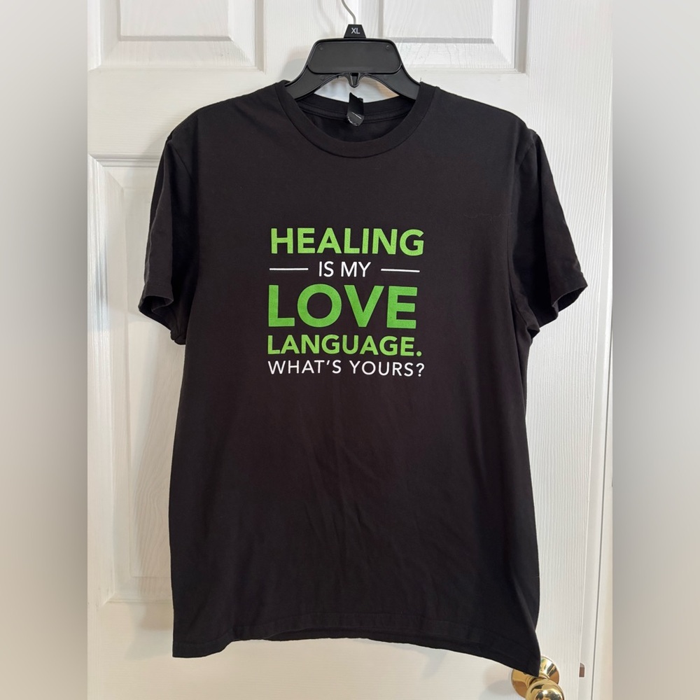 Black T-Shirt with Green and White Text